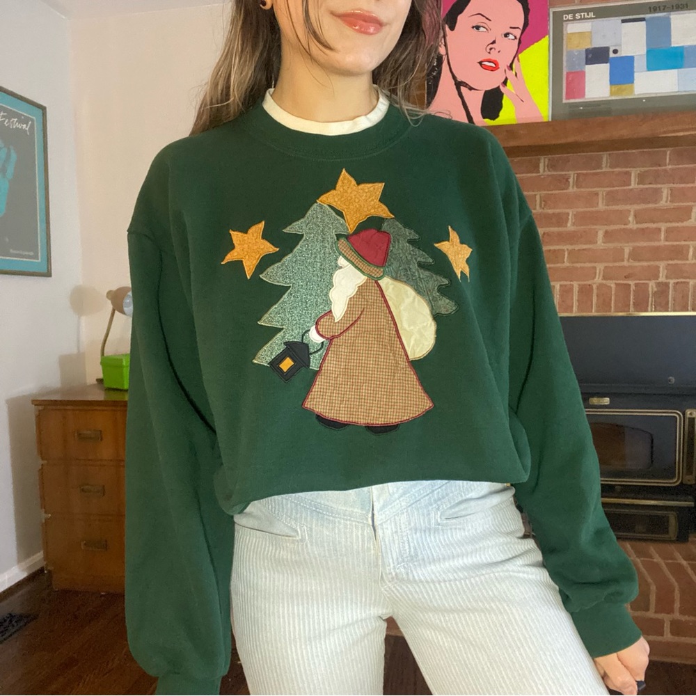 Vintage 90s Father Christmas Double Layer Tree Patchwork Crewneck Sweats…